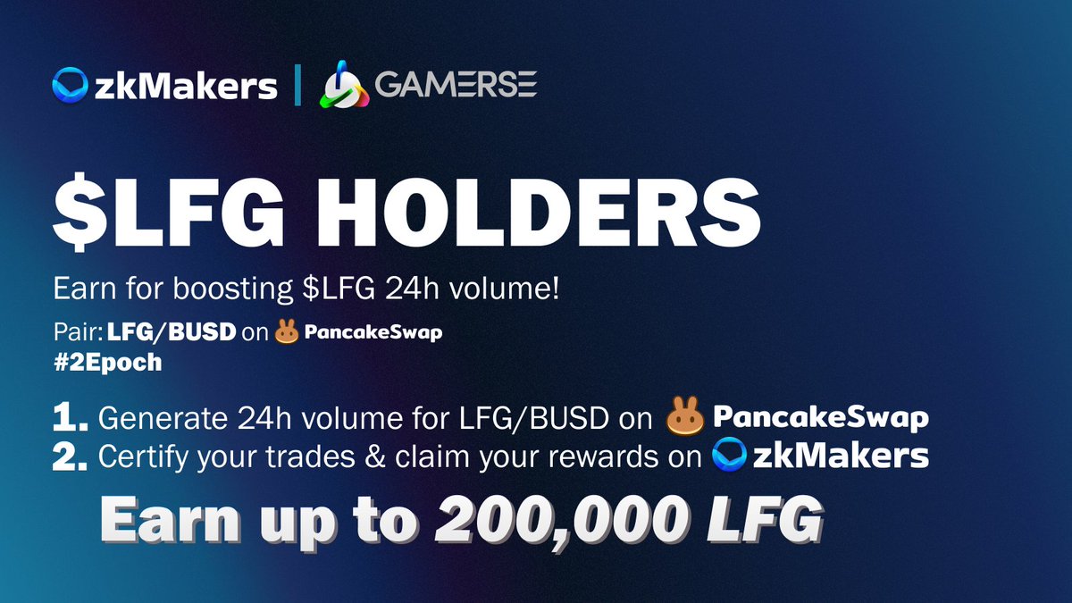 zkMakers's tweet photo. π@Gamersenft Reward Pool #2Epoch Reminder!β
Trade & Start Earning $LFG Now! Just 5 days left! β°
1οΈβ£ LFG/BUSD on @PancakeSwap
2οΈβ£ Certify trades until 05/24
π€ Get rewarded!
https://t.co/Vt5veiUbBV
#Trade2Earn #zkMakers #LFG
