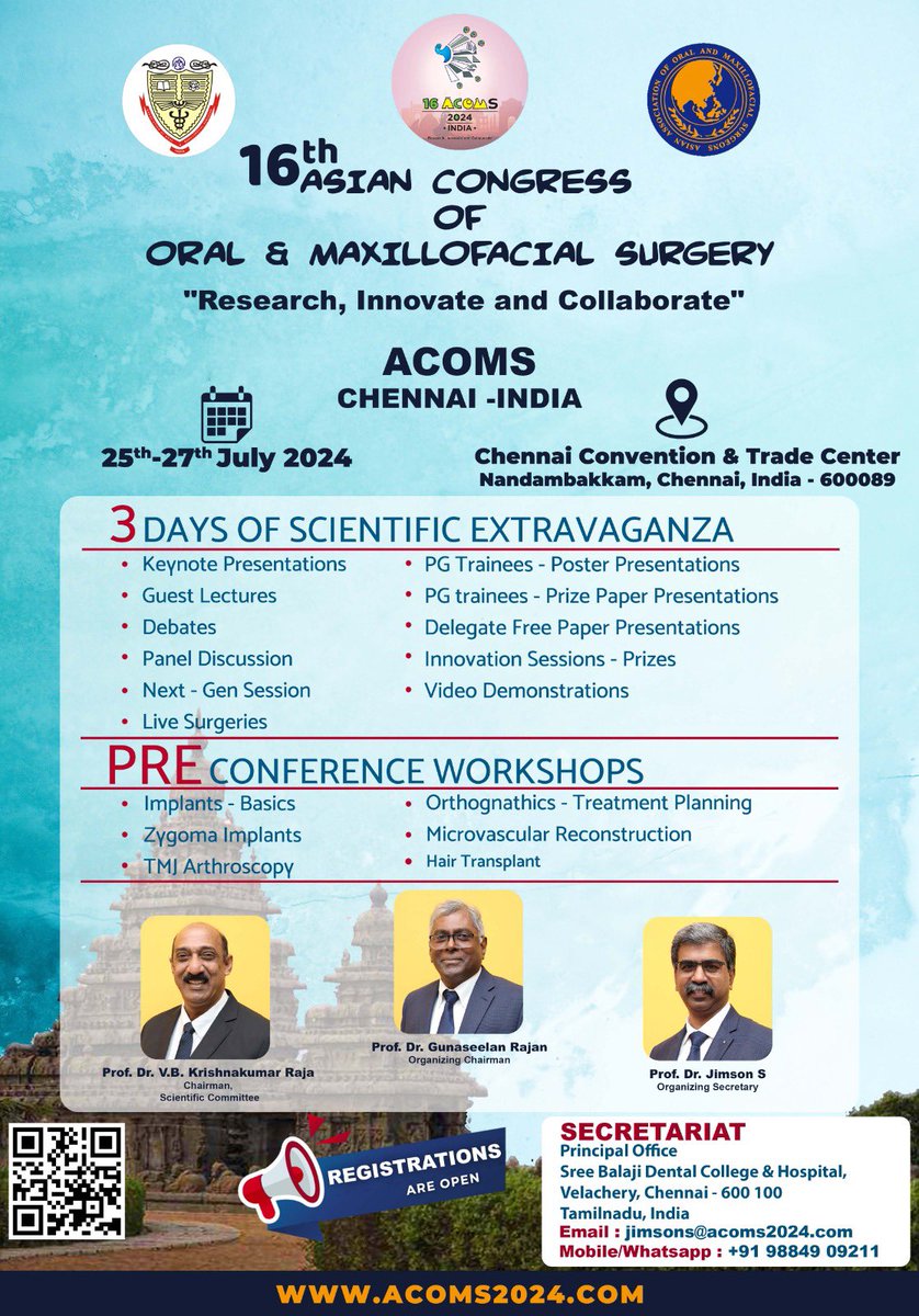 Dr Jimson S (@omfsjimson) on Twitter photo Dear Friends, Colleagues and PG Trainees,
We are thrilled to invite you to the 16th Asian Congress of Oral & Maxillofacial Surgery #ACOMS to be held in vibrant #Chennai. Join us for an enriching experience with insightful sessions, renowned speakers, and networking Dear Friends, Colleagues and PG Trainees,
We are thrilled to invite you to the 16th Asian Congress of Oral & Maxillofacial Surgery #ACOMS to be held in vibrant #Chennai. Join us for an enriching experience with insightful sessions, renowned speakers, and networking