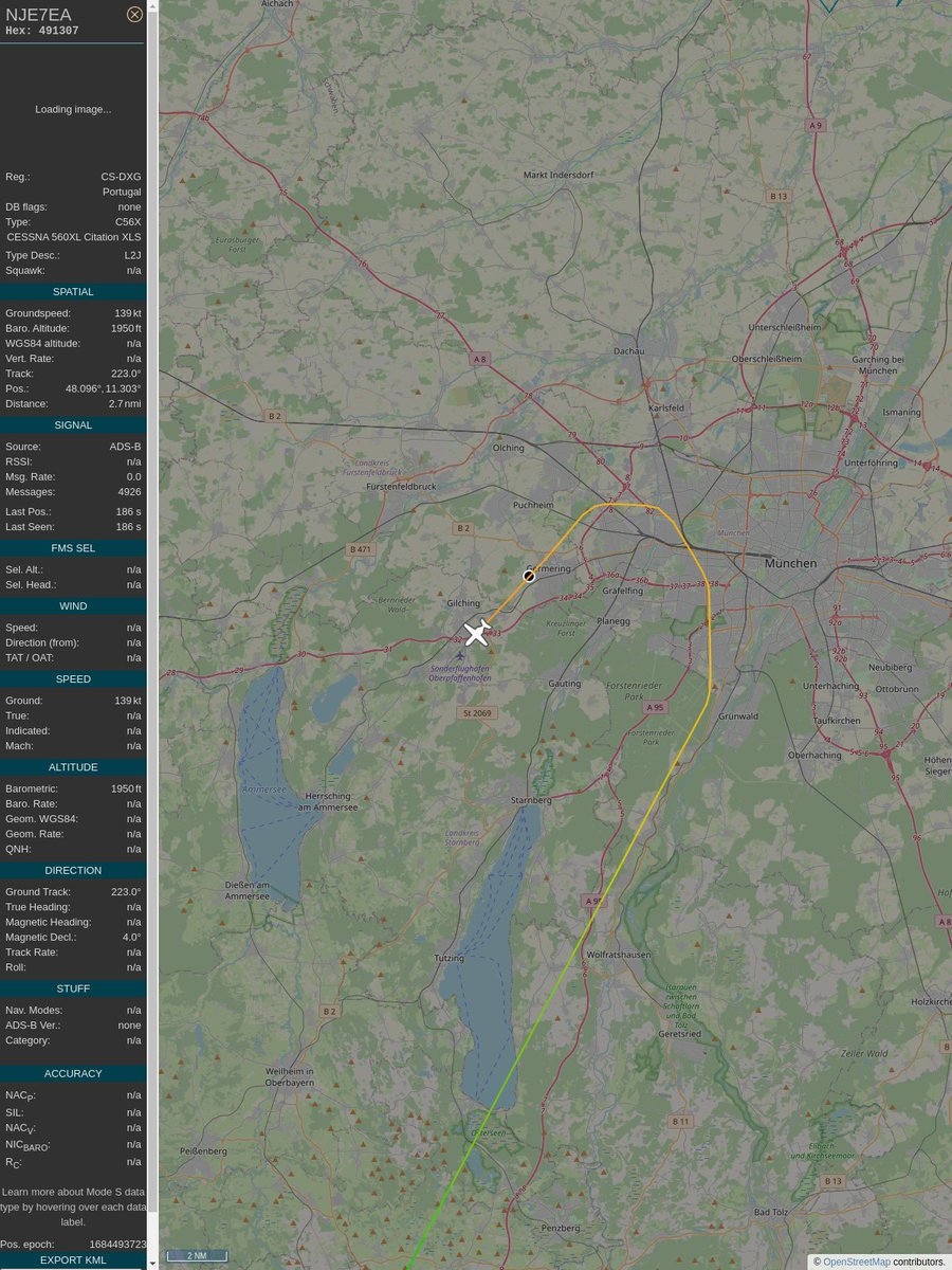 ICAO: 491307
Flt: NJE7EA #NetJetsEurope
First seen: 2023/05/19 12:53:52
Min Alt: 1950 ft MSL
Min Dist: 1.15 nm

#planefence #adsb - docker:kx1t/planefence
globe.adsbexchange.com/?icao=491307