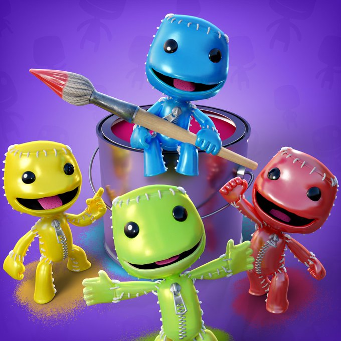 Four Sackboys of different colours playing with a pot of paint. One of them is holding a paintbrush and they all look like they're having fun.