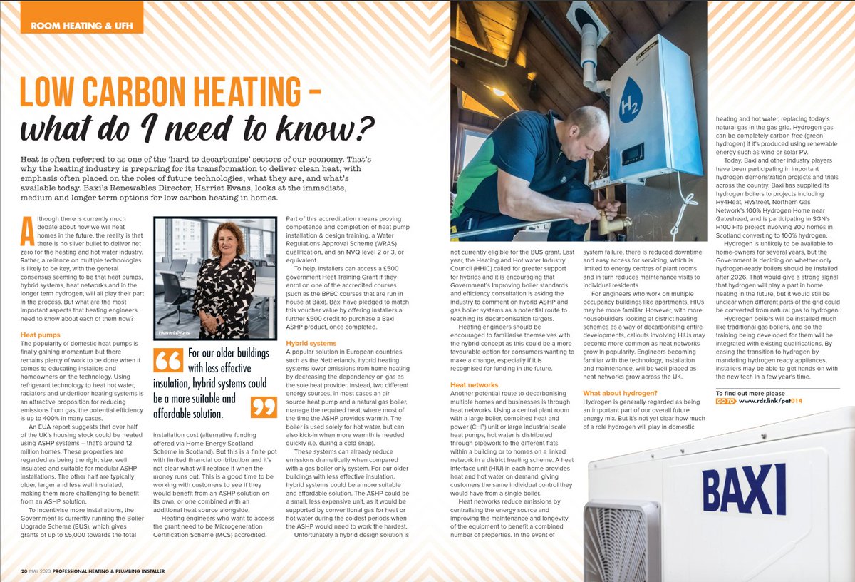 RemehaUK's tweet photo. #WeekendRead  |  In the May edition of @phpimagazine (Pages 20-21), Baxi's Renewables Director, Harriet Evans looks at the immediate, medium and longer term options for low carbon heating in homes.  

https://t.co/xwnXPQgKvw

#renewables #sustainability #decarbonisation https://t.co/76A1marnfX