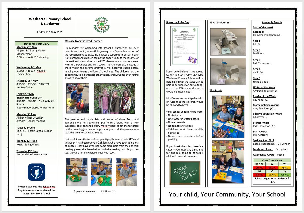 Please find attached this week’s newsletter with photographs from the new Reception children’s stay and play, Y3 sculptures and news of a Break the Rules day.