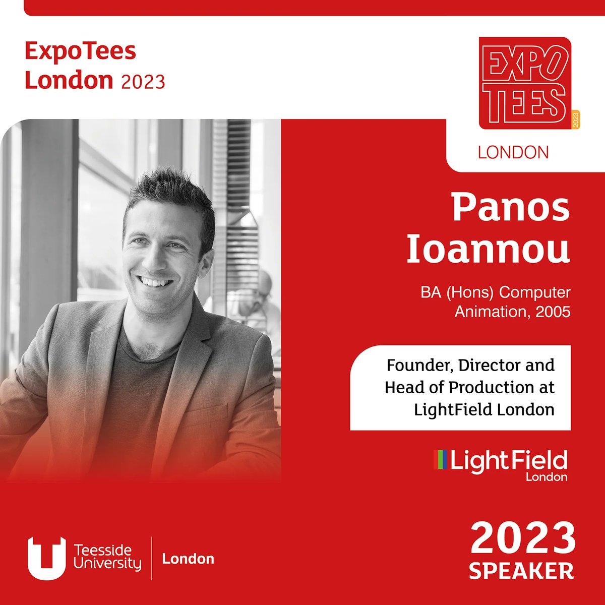 Meet Panos 👋 A BA Computer Animation #TUGrad from 2005, he's now Founder, Director and Head of Production at Lightfield London. Hear Panos' journey since his time <a href="/TeessideUni/">Teesside University</a> 

 Join us at #ExpoTeesLondon this June