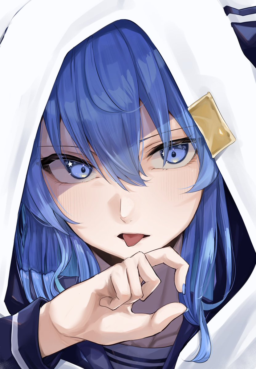 hoshimachi suisei 1girl solo blue hair hood blue eyes tongue hood up  illustration images