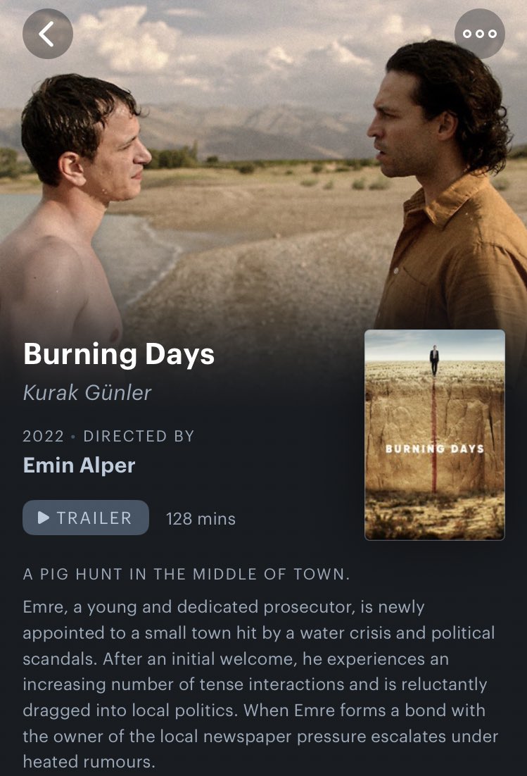 non-turkish moots, if you haven’t yet, please go ahead and watch the movie “burning days” (dir. emin alper) !! it’s a fucking good movie about environmentalism, corruption in politics, queerphobia (especially in a small town)