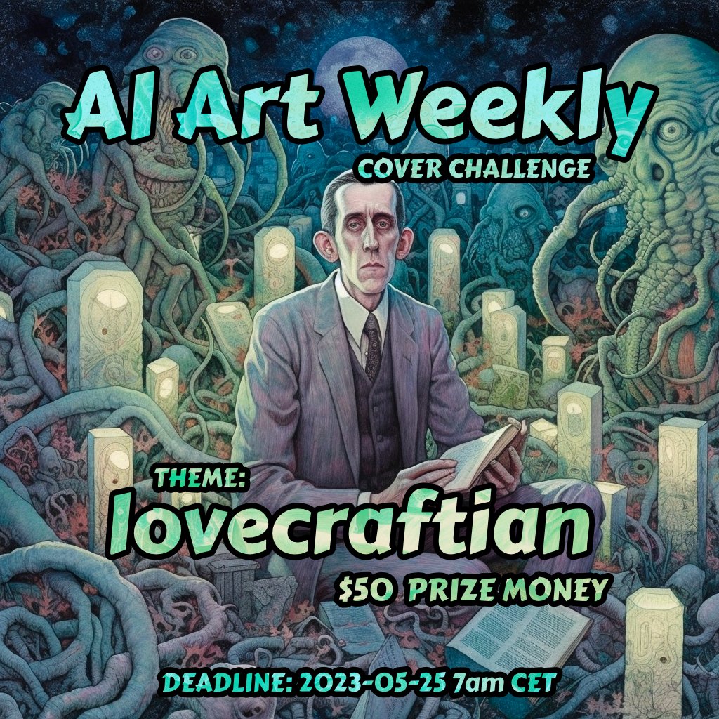 Dear #aiartcommunity 🧡 I'm not done yet and I'm again looking for #aiartweekly cover submissions! Winner gets $50 and all finalists will be mentioned in issue #35 ✨

Theme is "lovecraftian" 🐙

2 images max
10:14 vertical aspect ratio
Unminted
Like+RT

Submit below! 👇