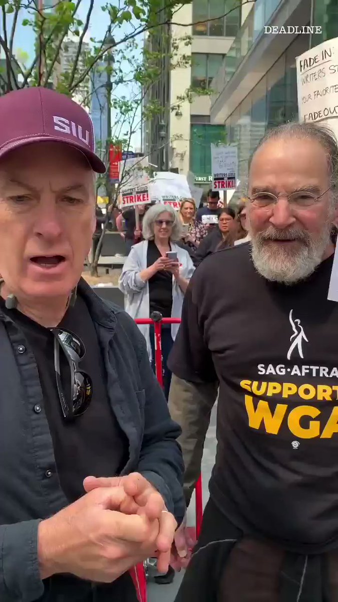 kenradio's tweet photo. Mandy Patinkin &amp; Bob Odenkirk talk about their support for the Writers Strike. Question: Should the studios side with the writers, or will AI take over their jobs and the studios need to go full on with AI? https://t.co/AwVrRpQXcL