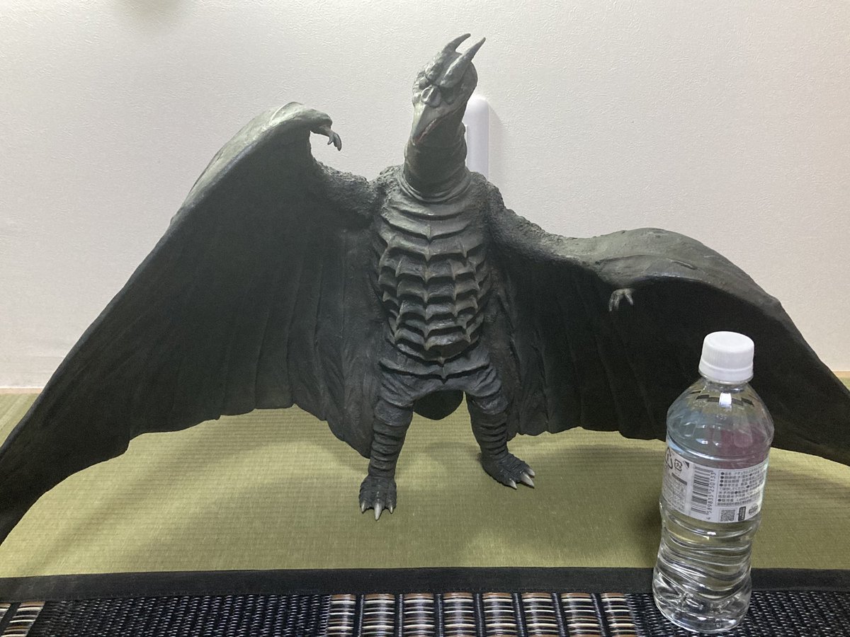 Q4Kl2's tweet photo. ガレージキット作例紹介🌸
パラダイスの大型キットラドンです。
胴体から羽根にかけてキャストで補強しへたらないように自立させられるように拘りました(^^) ペットボトルを立ててるので分かりやすいと思いますがかなり大きいキットです！
#ラドン
#あなたのソフビ紹介
#ガレージキット https://t.co/C9LBEKG3a7