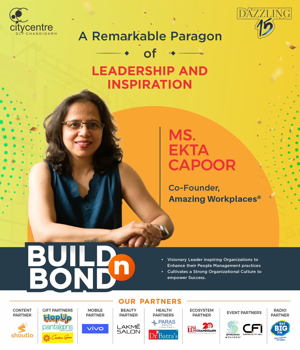 Presenting Ms. Ekta Capoor, co-founder of #AmazingWorkplaces. She inspires organizations to enhance people management through a holistic 9-pillar framework. We are delighted and privileged to have such an #extraordinaryvisionary grace our event at #DLFCityCentreChandigarh!