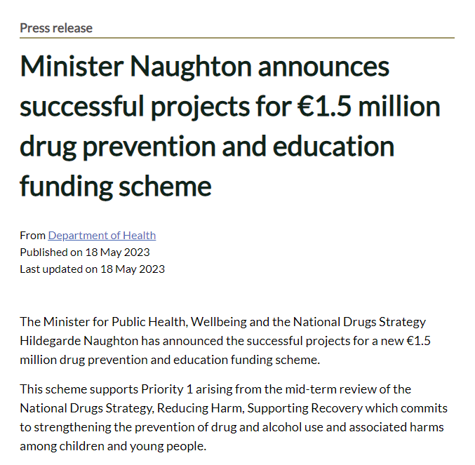 Terrific to see this project for HEI students funded in this new <a href="/roinnslainte/">Department of Health</a> scheme

The E-SHEILD UCC project will deliver an intervention designed with &amp; for HEI students to prevent &amp; reduce drug use &amp; associated harms for people at all levels of risk

duhei.ie