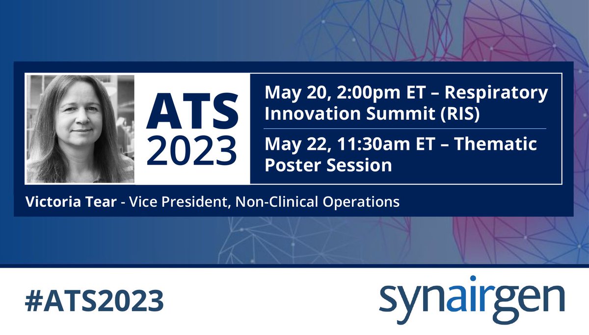 Synairgen (@synairgenplc) on Twitter photo For #Attendees #Media #Investors
First day #ATS2023. Our VP Non-Clinical Operations, Victoria Tear is presenting at ATS 2023 Respiratory Innovation Summit (RIS) on Saturday, May 20th at 2:00pm ET rb.gy/991c5 and on May 22nd at 11:30am ET rb.gy/syce4 For #Attendees #Media #Investors
First day #ATS2023. Our VP Non-Clinical Operations, Victoria Tear is presenting at ATS 2023 Respiratory Innovation Summit (RIS) on Saturday, May 20th at 2:00pm ET rb.gy/991c5 and on May 22nd at 11:30am ET rb.gy/syce4