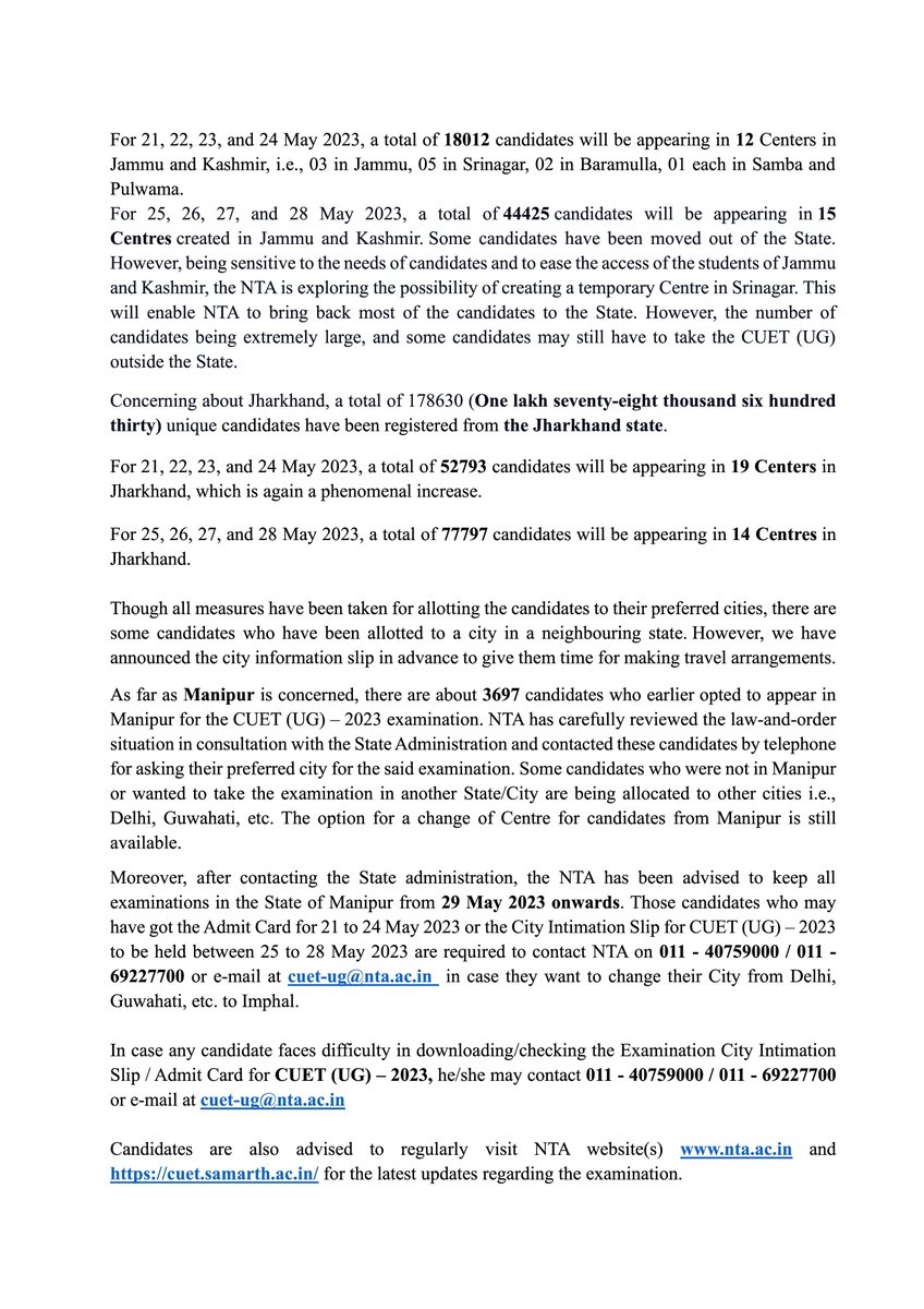 mamidala90's tweet photo. Clarification on CUET (UG) - 2023 Centers in Jammu and Kashmir, Jharkhand, and Manipur https://t.co/TCJjhgMolu