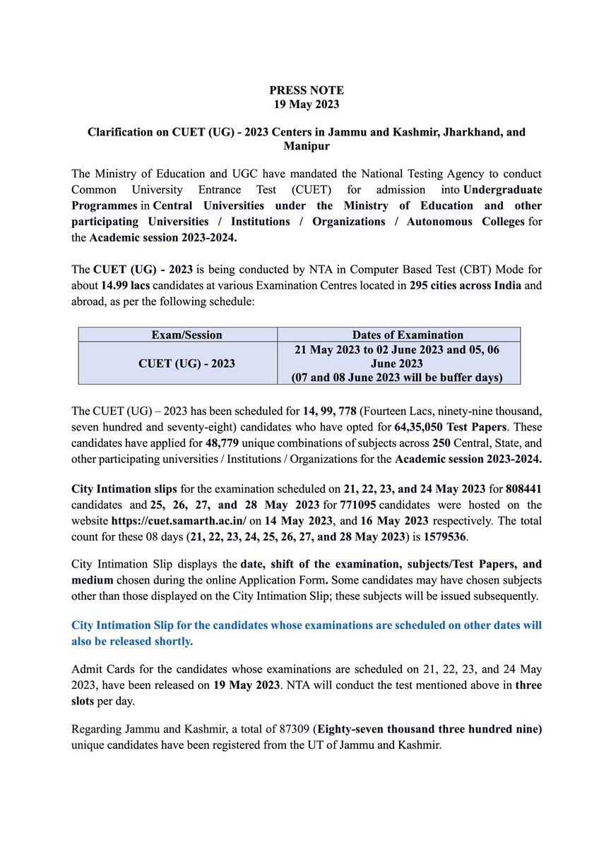 mamidala90's tweet photo. Clarification on CUET (UG) - 2023 Centers in Jammu and Kashmir, Jharkhand, and Manipur https://t.co/TCJjhgMolu