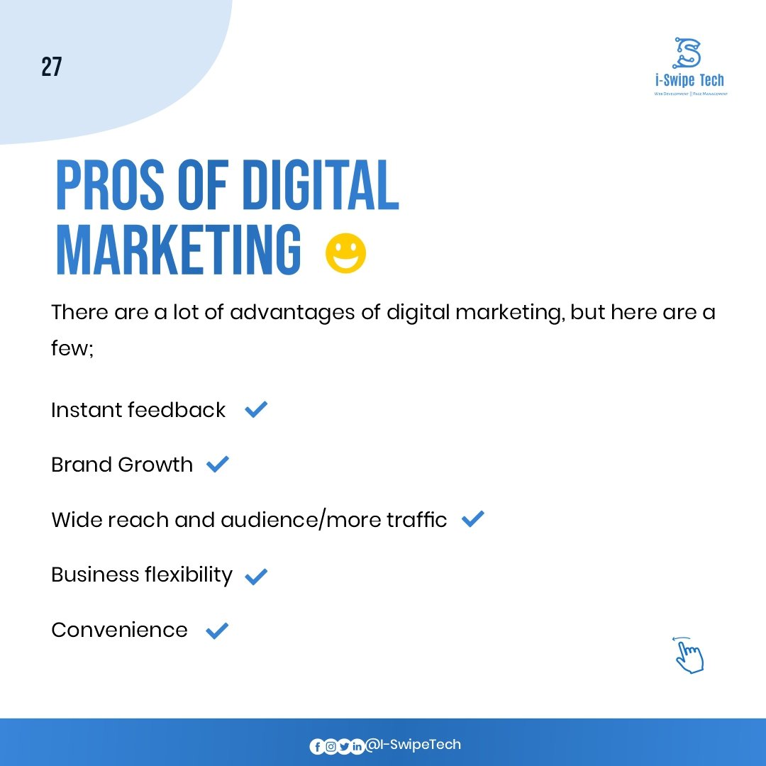 ISwipeTech's tweet photo. What are some of the PROS and CONS of digital marketing?

Feel free to add yours from experience

Found this content helpful? FOLLOW FOR MORE  👍

Turn on your post notification🔔, so you don't miss out on our informative and educative slides.
.
.
.
#FastX 
#Digitalmarkting https://t.co/7Z4Oi2Wo1v