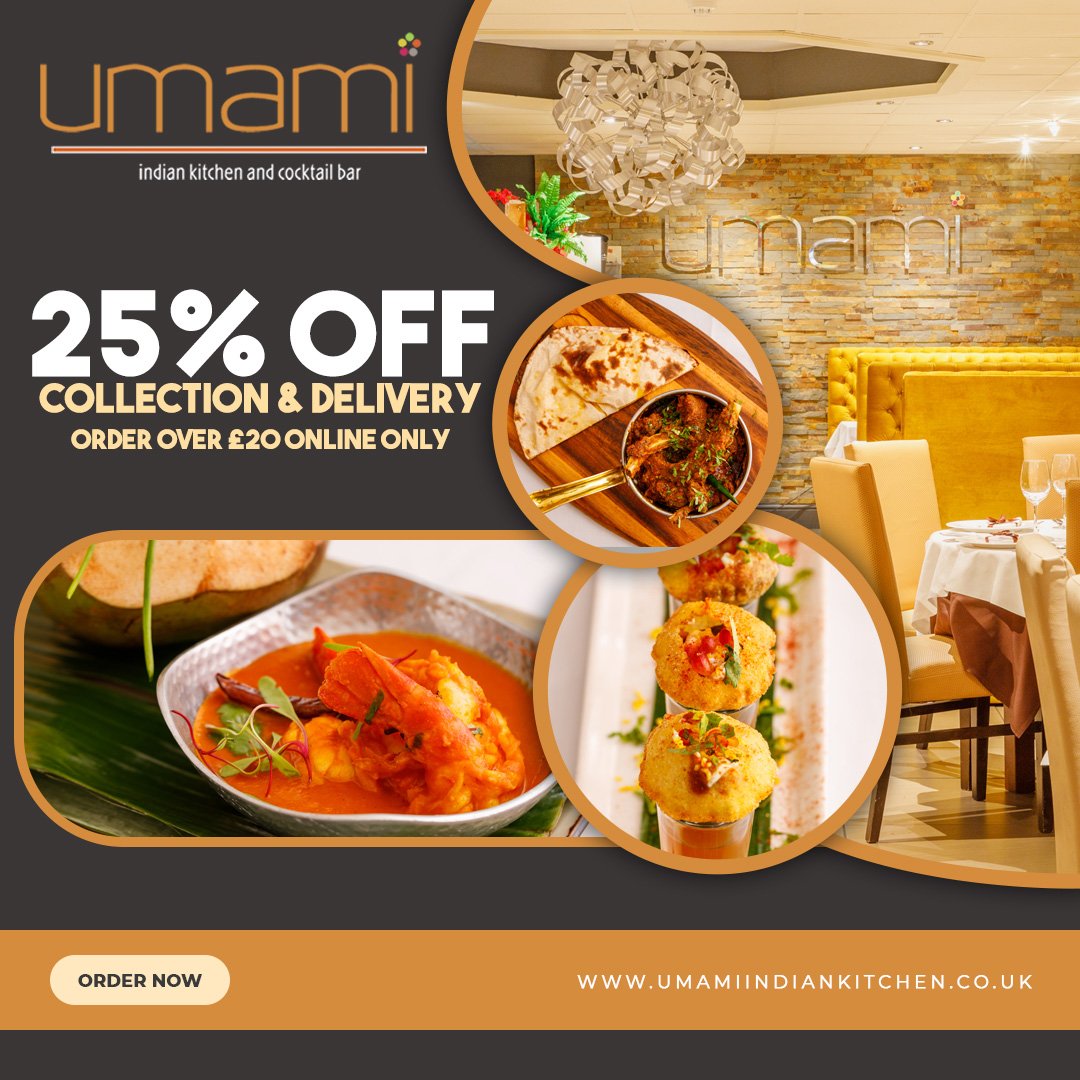 Experience the Delights of Authentic Indian Cuisine at Home with a 25% Takeaway Discount.
Visit our website at umamiindiankitchen.co.uk/menu to place your order and enjoy a 25% discount on collection and delivery for orders over £20.