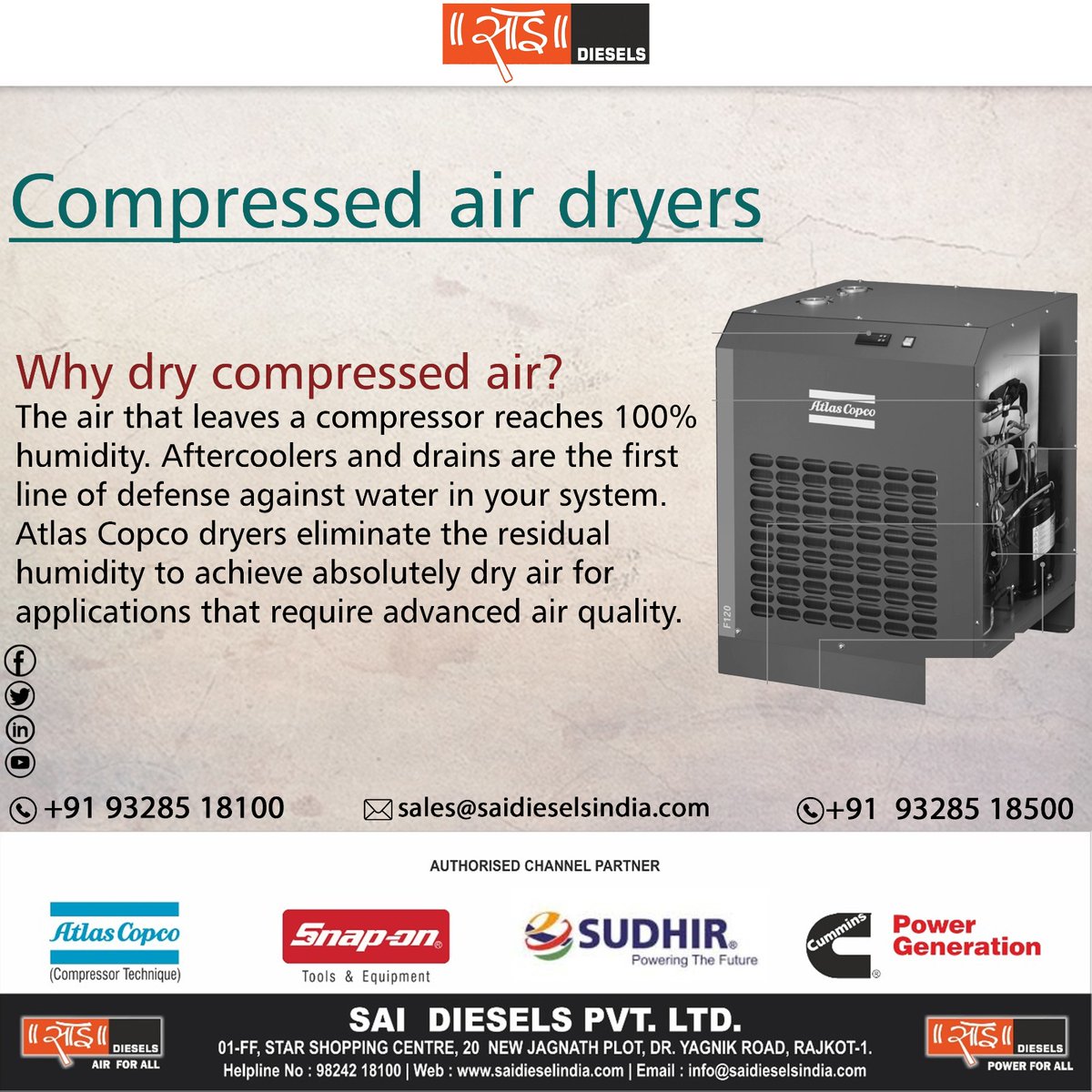 Compressed Hair Dryers that Reaches 100% Humidity.
.
.
.
#sai #saidiesels #dieselgenerator #ENGINE #alternator #controller #makebattery #dieselgeneratorset #alternative #powerGeneration #smartga7 #22vsd #atlascopco #snapontools #enviromentfrindly #rajkotnews #rajkotinstagram