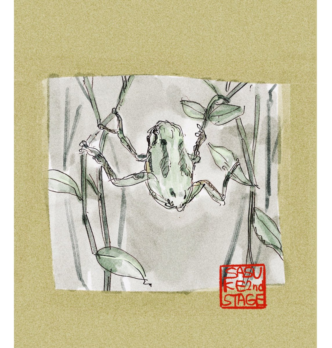 今日みつけた、SASUKEの2ndステージみたいなことしてる蛙

#1日1絵 https://t.co/RFaGxgmgHA