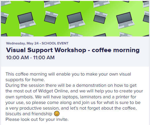 Calling all parents of pupils at The Hollies! We are holding a visual support workshop, with support from staff, to help you create your own visual supports to use at home. More information will be shared on ClassDojo.
