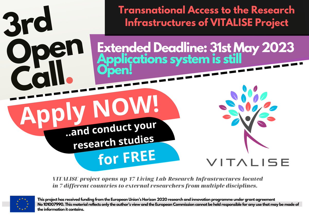 VITALISEproject's tweet photo. 📢 📢#3rd_Open_Call for #TransnationalAccess to
@VITALISEproject research infrastructure is still #open❗️
🔻Submission deadline ���: 3⃣1⃣ st May 2023
https://t.co/1cSqYbXx5P
ℹ️ Evaluation is conducted on #first_come #first_served basis.
#LivingLabs #H2020 #EUresearch https://t.co/Lc5oWj4x0B