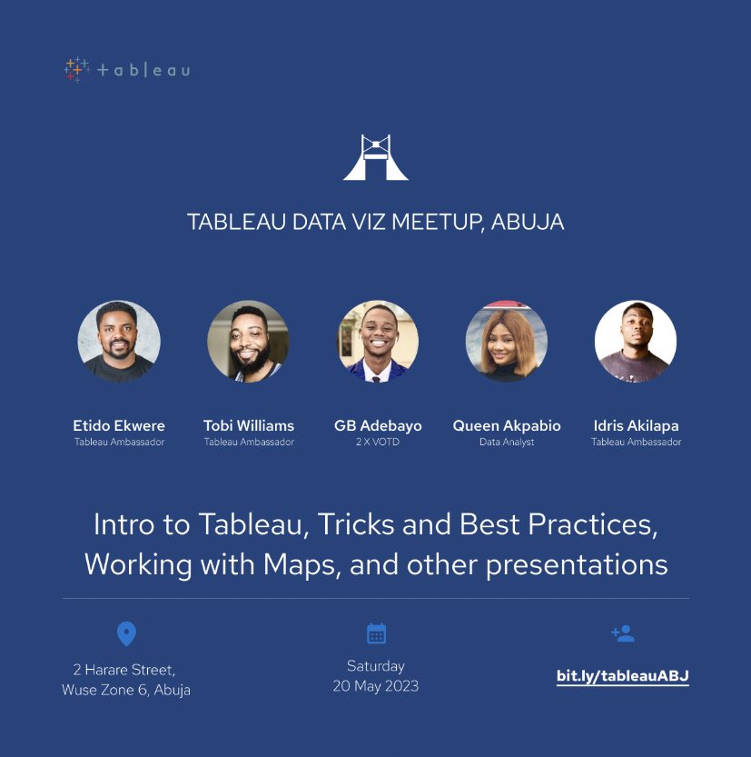 Abuja people , #Tableau is coming to your city tomorrow. Physical spaces are limited , to save a spot : docs.google.com/forms/d/e/1FAI…

#datafam