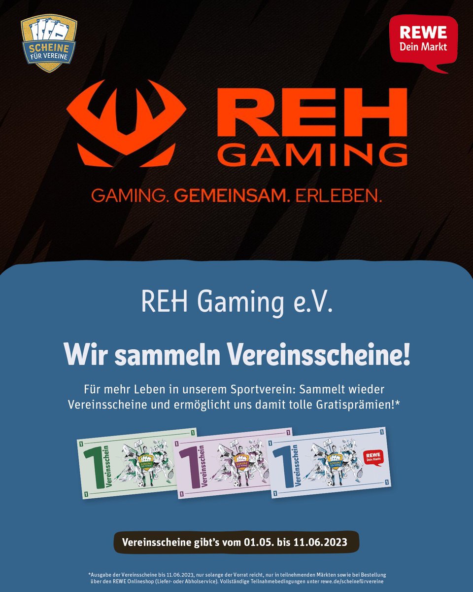 REHGaming's tweet photo. Ihr geht regelmäßig bei Rewe einkaufen? 👀
Ihr könnt uns unterstützen, indem ihr bei eurem Einkauf, an der Kasse Vereinsscheine sammelt und diese uns zuweist. 💪
Wir sind über jeglichen Support außerordentlich dankbar! 🧡

https://t.co/crib0oWVbe hier ganz bequem eure Vereinsscheine einlösen 🤝