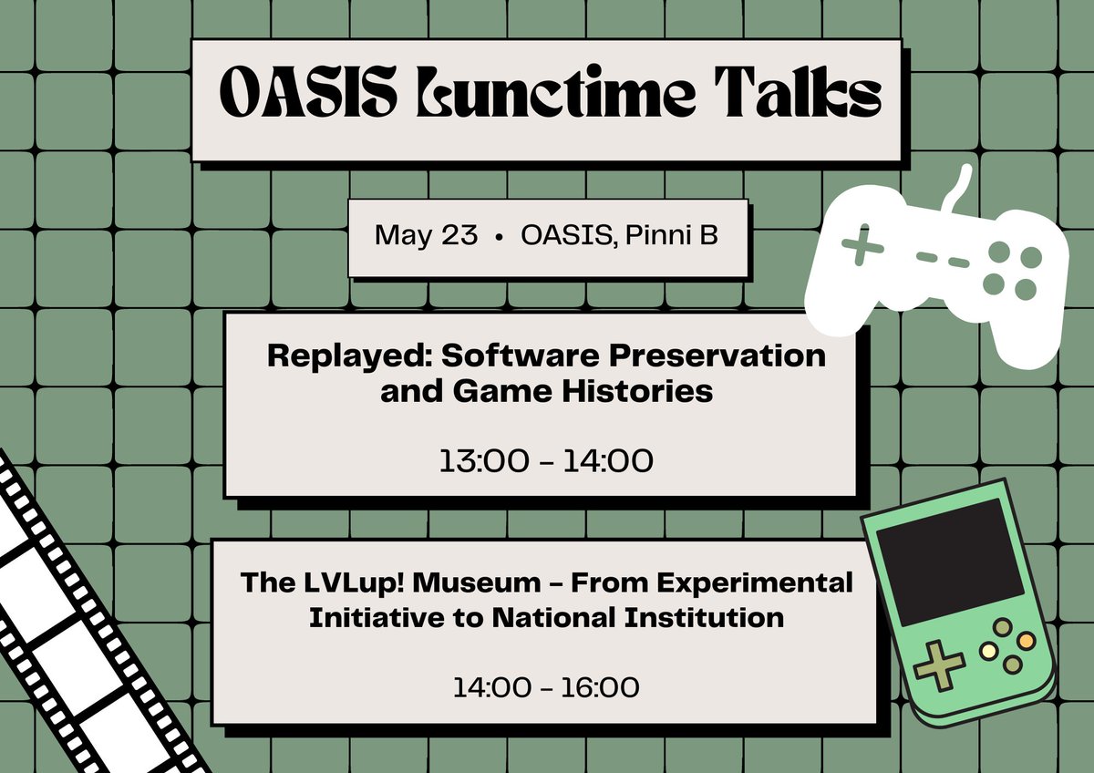 oasis_tuni's tweet photo. On May 23, OASIS presents two lunchtime talks! The first, by Dr. Henry Lowood, explores game preservation and discuss gaming as an academic field. Following that, Dr. Camille Laurelli explores Lvlup! Museum's preservation of Estonian gaming history.

#oasistuni #tampereuniversity https://t.co/z8mC7xDqXN