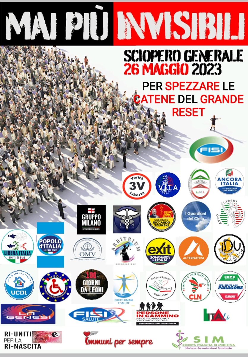 exitsovranita's tweet photo. Anche Exit aderisce allo sciopero generale #FISI del 26 maggio.

-Contro il PNPV (Piano Nazionale Prevenzione Vaccinale) che prevede nuovi obblighi. 
-  Per il reintegro di tutti i lavoratori radiati e per la restituzione degli stipendi non corrisposti ai lavoratori sospesi. 👇🏻 https://t.co/5NMzuGSdKD