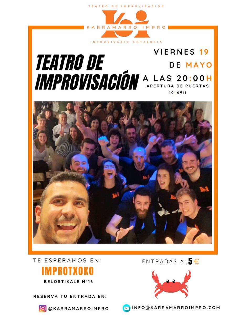 ¡Hoy Bilbao! 📅 

En pleno casco viejo, ven y disfruta de un viernes improvisado  🦀 🔥 

Reserva tu entrada que nos quedan pocas ¡anímate! 🎫  🔥 🔥 🔥