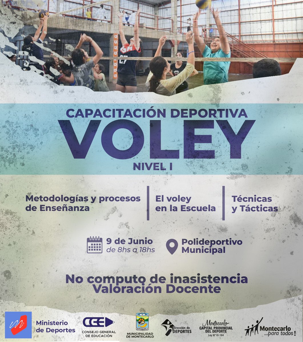 DeportesMcarlo's tweet photo. #capacitacion 
🏐Capacitación Deportiva en Voley
🆙Nivel 1
🗓️09/0623
⌛8hs a 18hs
📌Polideportivo Municipal Mundialista #Montecarlo  
ℹ️https://t.co/2f6bTDtlzs 
@jorgeAdanLovato @chunbarreto @passalacquaok @herrerayflia @Arce_Carlos_ @joerg_kathia @graoliveira07 @jorgebernardonu https://t.co/FuhcIdl54G