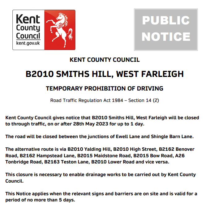 KCC Highways on Twitter "West Farleigh, B2010 Smiths Hill. Road