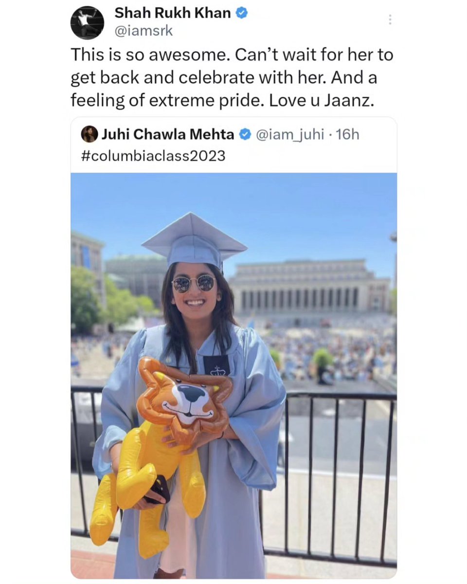 #ShahRukhKhan𓀠 wishes #JuhiChawla 's daughter with this beautiful note on completion of her graduation at  #ColumbiaUniverasity 

#TheRealTalkin