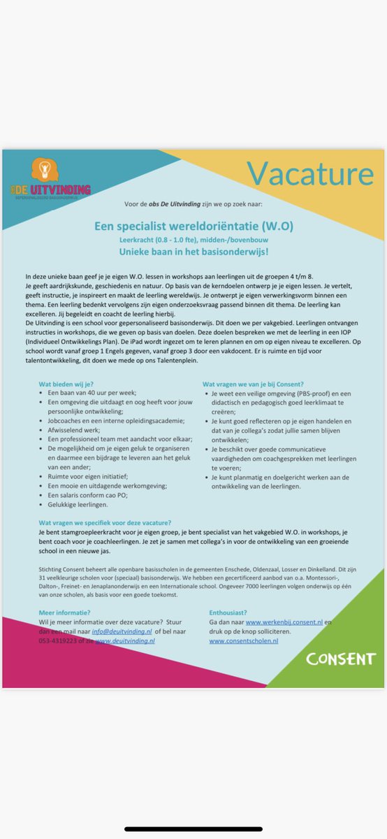 Mooie vacature ons De Uitvinding. #werkeninhetonderwijs #enschede #consent #vacature