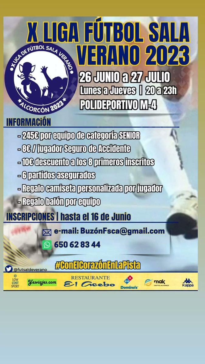 X LIGA  DE FÚTBOL SALA  VERANO

Ya tenemos el primer inscrito y es uno de los equipos campeones de nuestras ediciones.

Tuercebotas FS capitaneado por <a href="/Cesarcasado_/">C. Casado</a>  y <a href="/JesusRobledo22/">Røblëdo</a> vuelven!

#LVFSALCORCON!