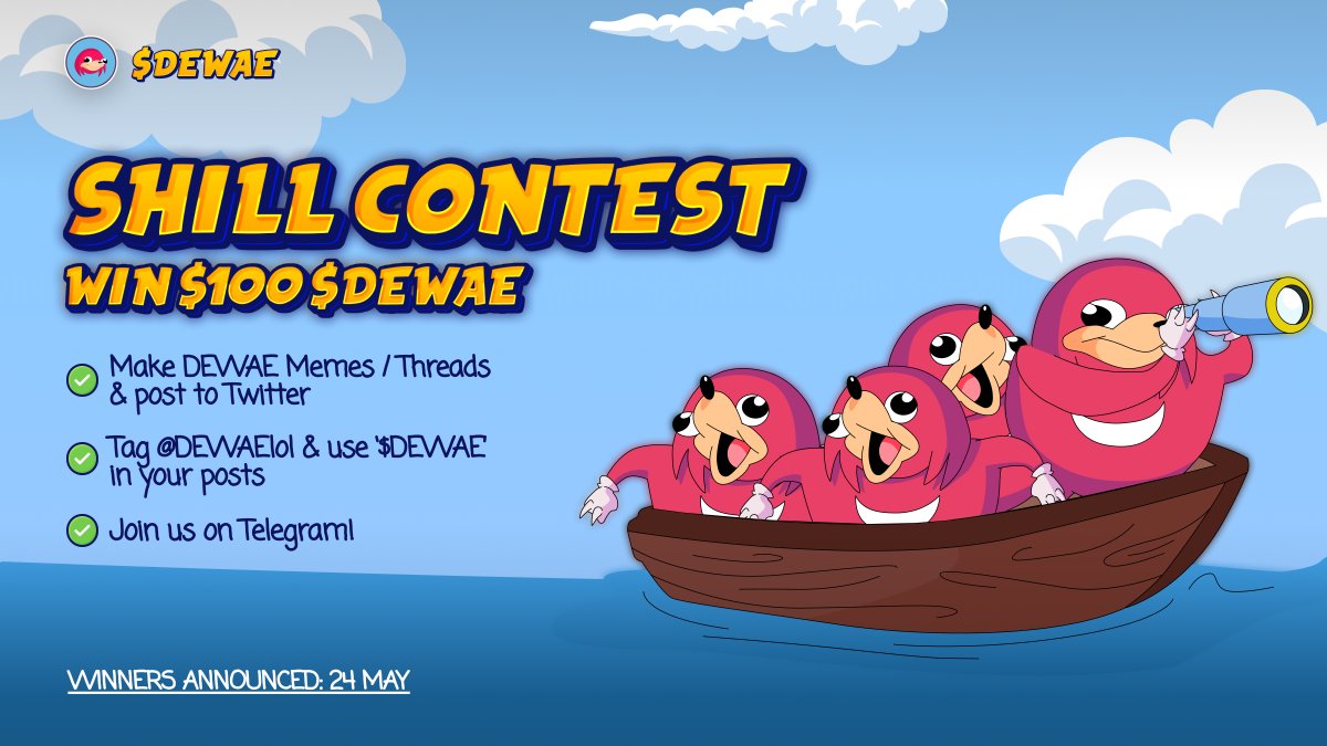 📣Bruddas, it's time for a $100 $DEWAE #Giveaway!

👉Show us your best $DEWAE meme or thread, tag <a href="/DEWAElol/">DEWAE</a> and use '$DEWAE' in your post!

Join da tribe and submit entries at t.me/dewaelol

🤝Let's make $DEWAE the biggest #memecoin on #BSC bruddas! click click