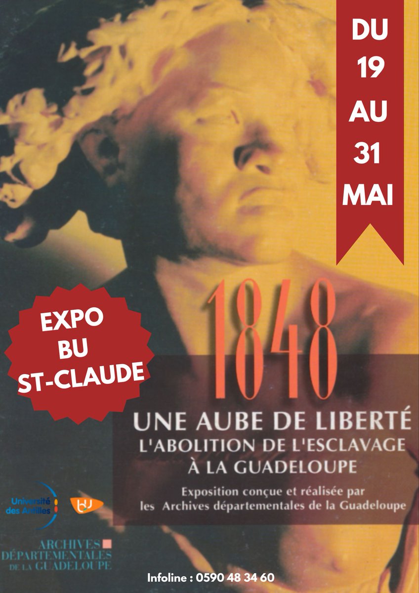Exposition > à la #BUCampuJacob
Dans le cadre du mois des abolitions, venez découvrir du 19 au 31 mai, l’expo conçue et réalisée par les Archives Départementales de la Guadeloupe :
«1848 : une aube de liberté. L’abolition de l’esclavage en Guadeloupe»
+> bit.ly/3pO7wDI