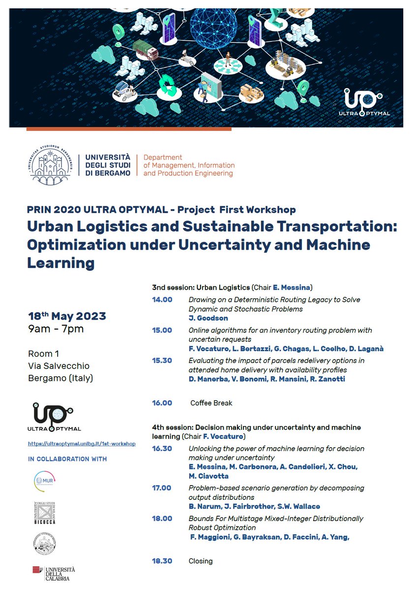 Yesterday has been held in <a href="/UniBergamo/">UniBg</a> the 1° workshop of the ULTRAOPTYMAL project. 
Many interesting talks on #optimization under #uncertainty for #sustainable #urban #logistics. Many thanks to all the speakers and participants!