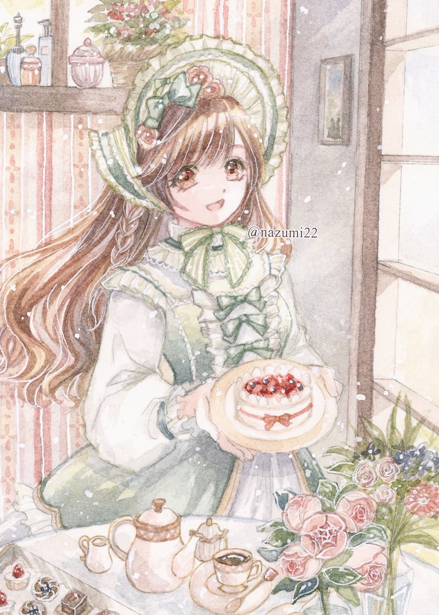 1girl food brown hair solo flower cake dress  illustration images