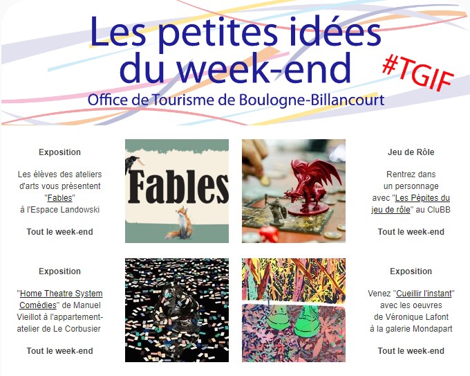 Expositions et arts sont à l'honneur ce week-end ! Qu'allez vous faire ? 😊

👉 La TGIF : tinyurl.com/39z2h5rb

#boulognebillancourt #TGIF #sortiraparis #weekend #expositions #jeuderole