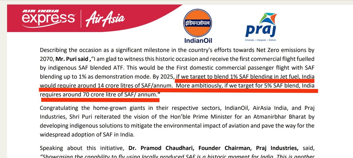 INDIA today successfully tested its first 1% blended SAF in commercial flight operation.
1% blend in Jet fuel means demand of 14cr ltrs & 5% would mean 70cr ltrs/anum of SAF. 
Huge opportunity for
PRAJ INDUSTRIES #PRAJIND #BIOECONOMY #BIOMOBILITY #CIRCULARECONOMY #GREENENERGY
