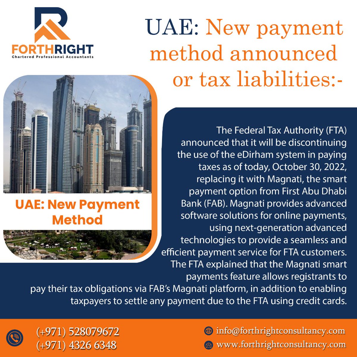 UAE: New payment method announced for tax liabilities:-
.
📞Call us now (+971) 43266348, (+971) 52 807 9672
.
.
#forthrightcompany #forthrightconsultancyinuae #dubailifestyle #itconsultant #businessuae #corporatetaxuae #taxrateupdates #taxrates #corporatetaxation