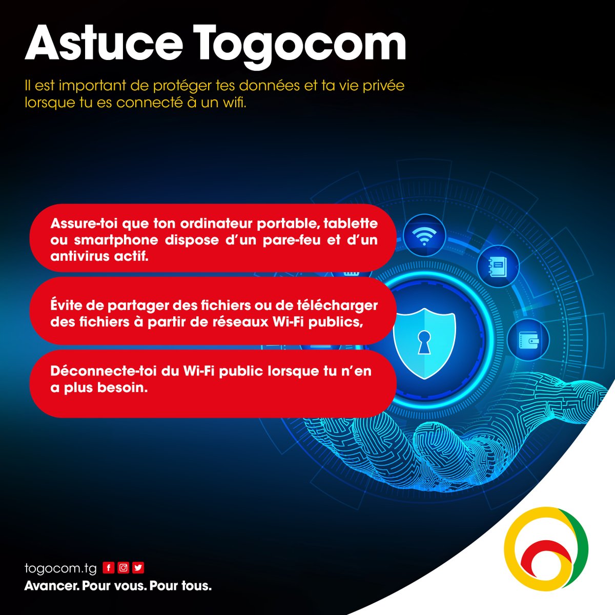 YasTogo's tweet photo. Lorsque tu es connecté à un réseau Wi-Fi public, il est important de prendre certaines précautions pour protéger tes données et ta vie privée. 🔐
#Togocom #AstuceTogocom #ConseilsInternet #AstucesWeb https://t.co/W2G9y0OIoa