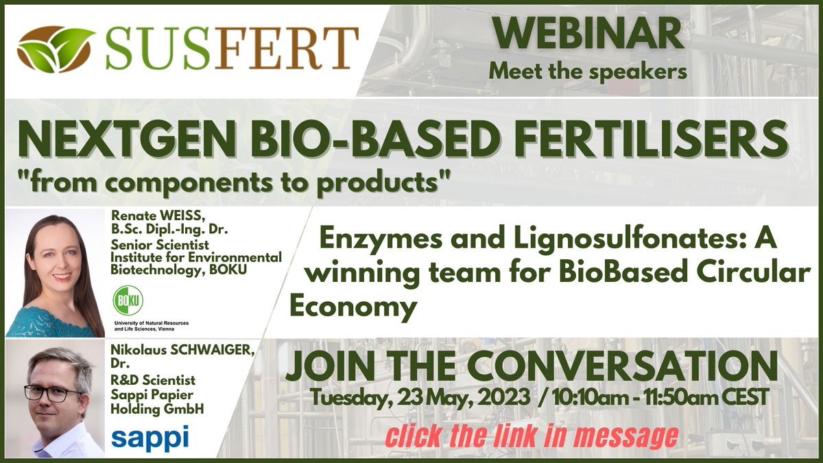 📢👩‍🔬Join SUSFERT #enzyme and #lignosulphonate team at the #project's #hybrid #event on:

🗓️Tuesday, 23 May at 10:10.

What has been achieved❓

 bit.ly/3IXB7jx 
➕ 
bit.ly/3iYeq6q

Register for Webinar ➡️ bit.ly/3ASQKWb