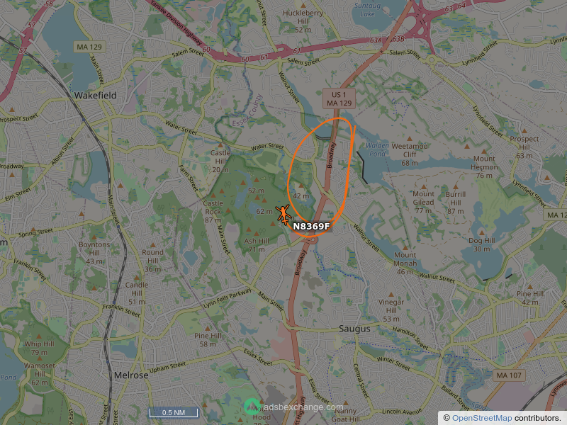 N8369F, a Robinson R44, is circling over Saugus at 875 feet, speed 67 MPH, squawking 0333, 0.1 miles from Walgreens globe.adsbexchange.com/?icao=ab723d&z…