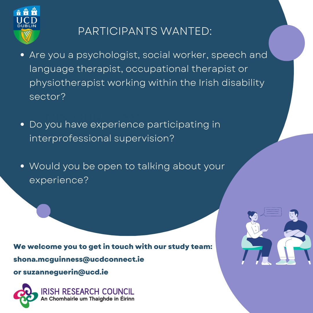 Participants are sought for this study: #occupationaltherapists #physiotherapists #speechandlanguagetherapists #psychologists #socialworkers working in disability services in Ireland, with any age group. #WeAreHSCPs #HSCP #CPD #TeamHSCP #Supervision #Research Pls RT Tnx!