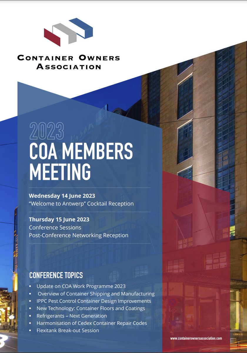 COA 2023 Conference and Networking Meeting
Radisson Blu Astrid Hotel, Antwerp
14 &amp; 15 June

Conference Topics Include - 
- Pest Control  
- New Technology 
- Refrigerants – Next Generation 
- Flexitank Break-out Session

More info and meeting agenda - containerownersassociation.com/event/coa-2023…
