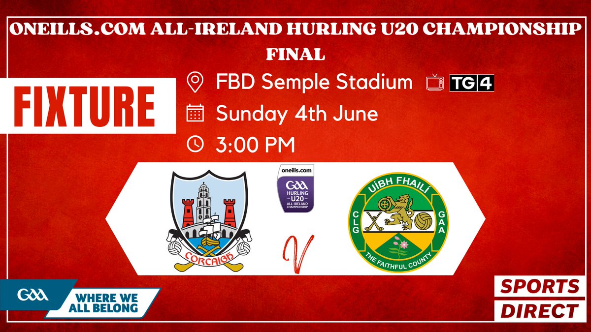 The GAA has confirmed fixture details for the oneills.com All-Ireland U20 Hurling Championship Final - Cork v Offaly on Sunday 4th June in FBD Semple Stadium at 3:00pm.

#SportsDirectIreland #BorntoPlay