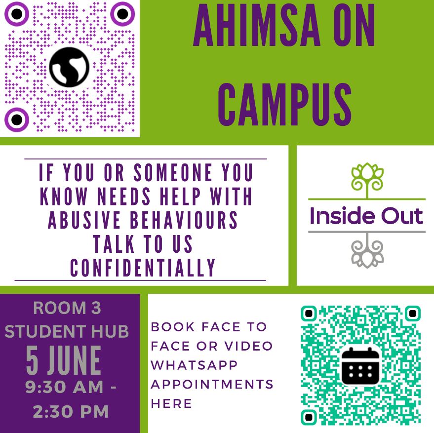 PlymUniSupport's tweet image. Ahimsa, a non-judgmental, confidential space to discuss if you are concerned about your behaviours that may feel abusive. They will be in the student hub on the 5th of June, 9.30-2.30 pm. 
eventbrite.co.uk/e/ahimsa-plymo…

#letstalk #nonjudgemental #changingbehaviour @PlymUni