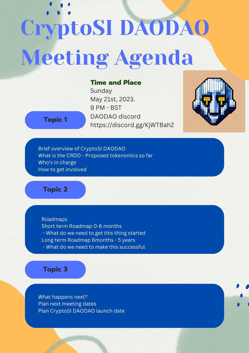 Crypto_SI's tweet photo. Agenda for the upcoming first CryptoSI DAODAO meeting in the DAODAO discord this sunday.
Be there or, be square!
;)
#Daodao
#DAO
#daowatch
https://t.co/DCBhvsT8ZB
#cryptosi
#JUNO https://t.co/9rY4qXB8Ik