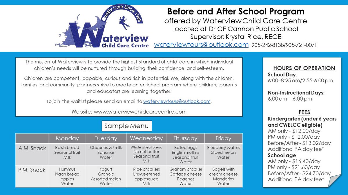 We are thrilled to announce that we are welcoming a new Child Care partner to the Durham District School Board.   
Waterview CC has been in the Oshawa community for many years and they are now expanding to offer Before and After School child care at Dr. C.F. Cannon Public School.