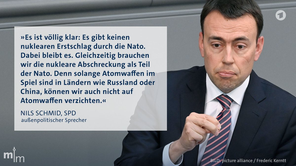 „Die Nato wird ihre Atomwaffen-Doktrin nicht ändern“ – @NilsSchmid (SPD), außenpol. Sprecher, weist im #mittagsmagazin @DasErste die Forderung von UNO-Generalsekretär Guterres zurück, dass die G7 sich dazu verpflichten sollten, „unter keinen Umständen“ Atomwaffen einzusetzen.